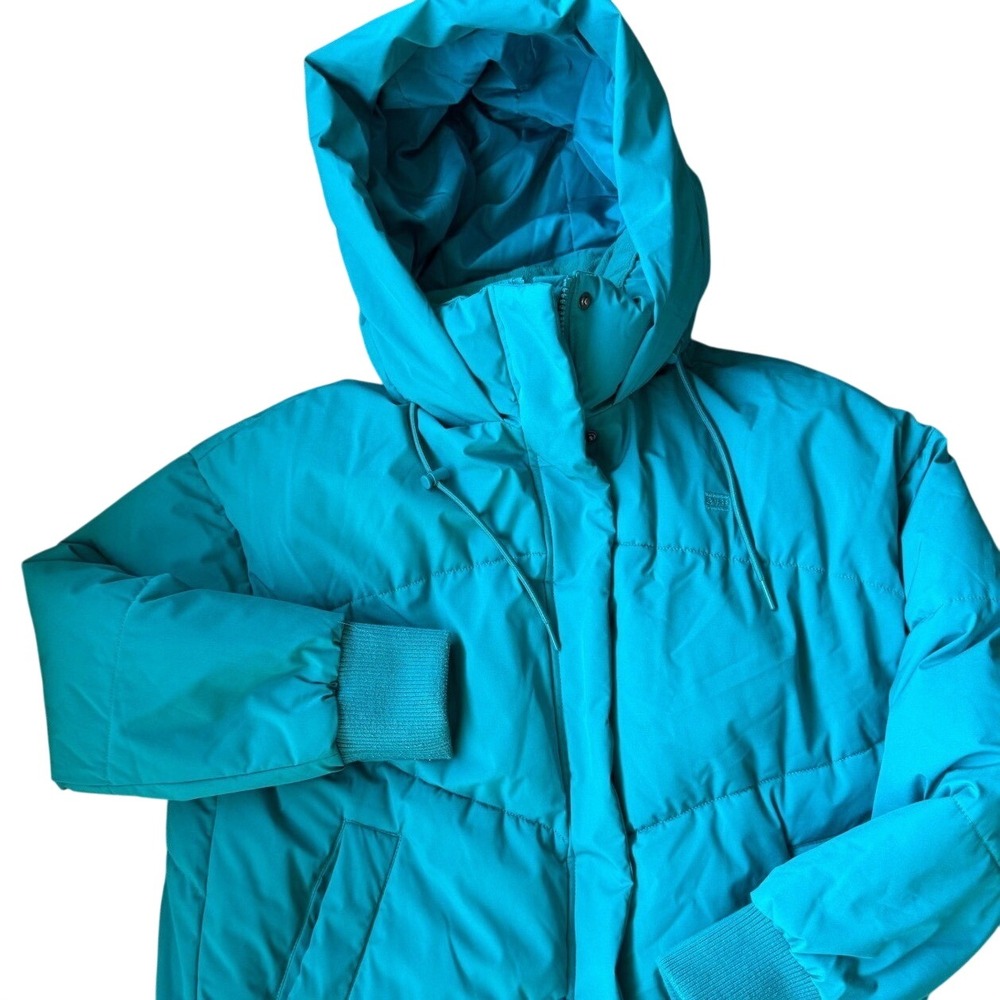 Levi's Womens M Teal Hooded Puffer Jacket Insulated Fleece Collar Winter Coat